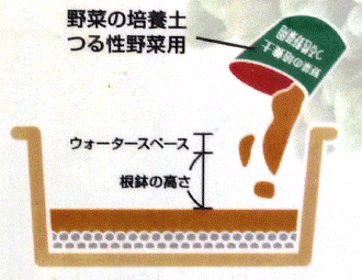 2.根鉢の高さやウォータースペースを考えて「野菜の培養土 つる性野菜用」を入れます。